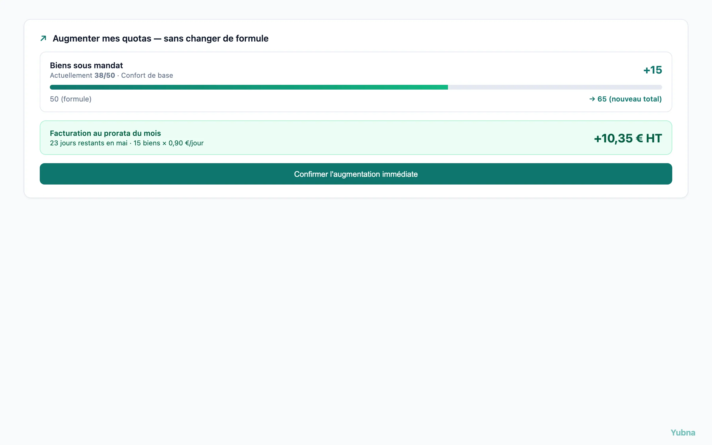Yubna optimise Augmenter un quota au prorata : Solution PropTech pour augmentation en autonomie d'un quota sans changer de formule — facturation automatique au prorata du mois