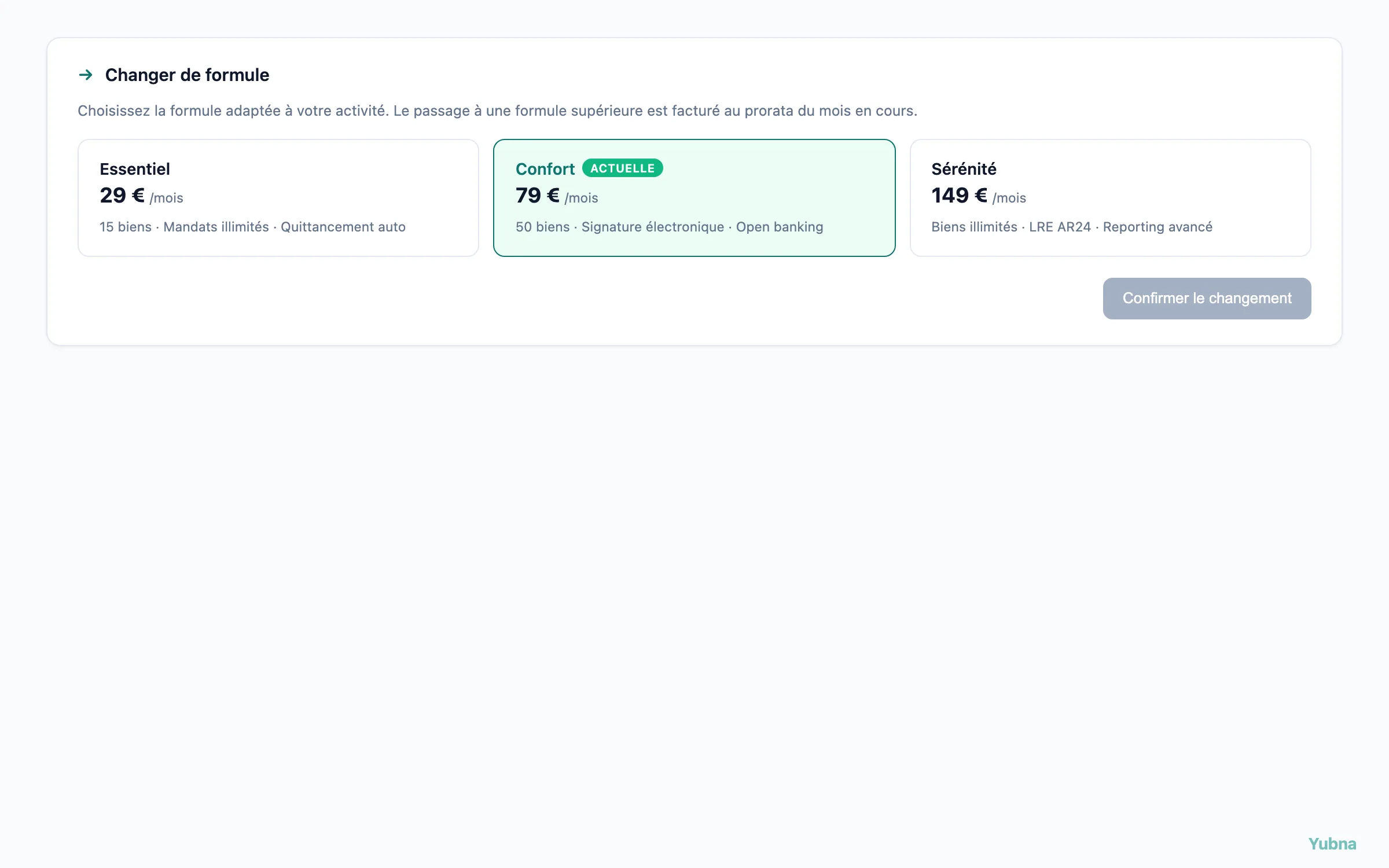 Yubna optimise Changer de formule : Solution PropTech pour sélecteur de formule (Essentiel, Confort, Sérénité) avec impact tarifaire calculé en temps réel