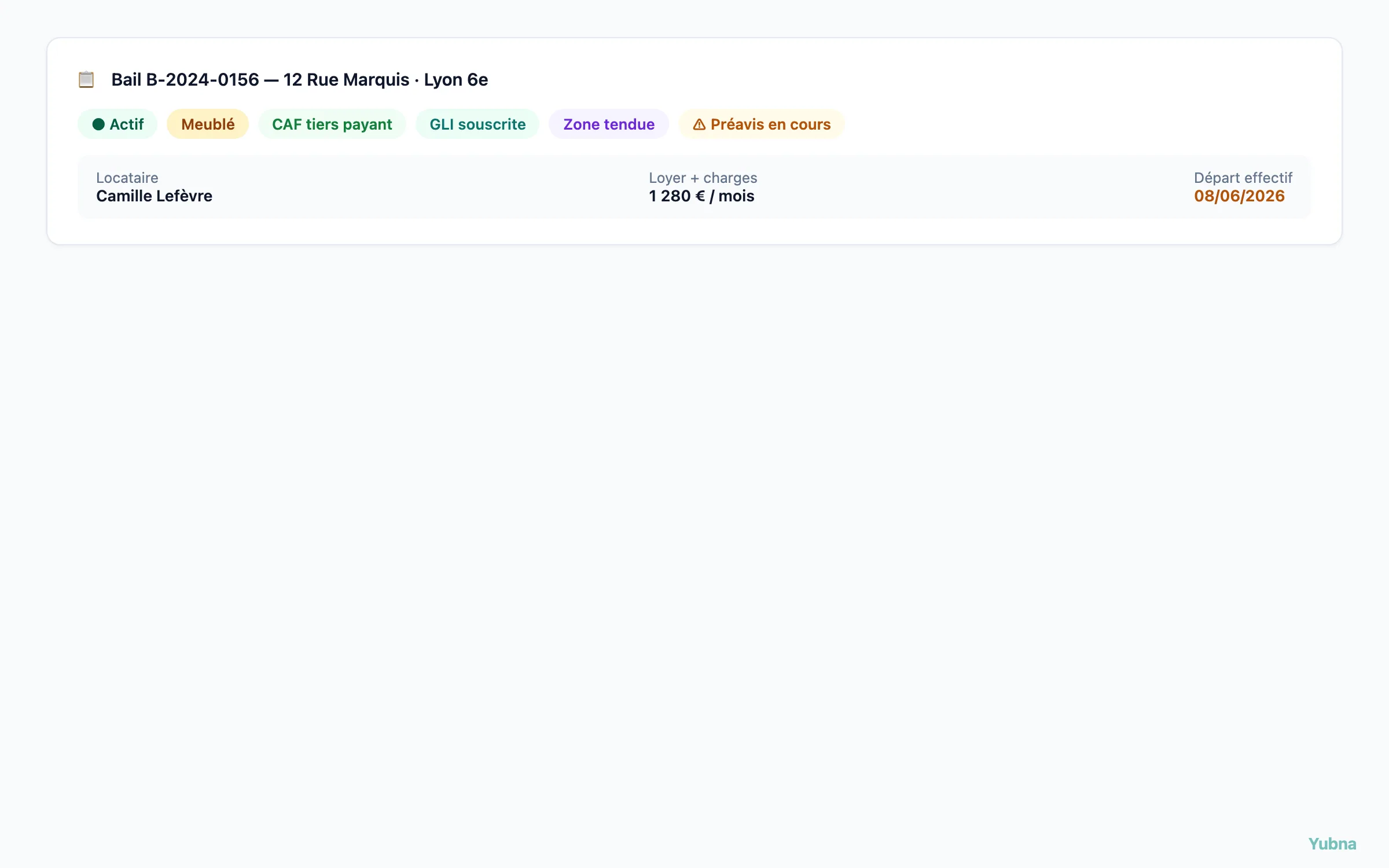 Yubna optimise Statut du bail en un coup d'œil : Solution PropTech pour bandeau de statut bail avec badges contextuels — Actif, Meublé, CAF, GLI, Zone tendue, Préavis en cours