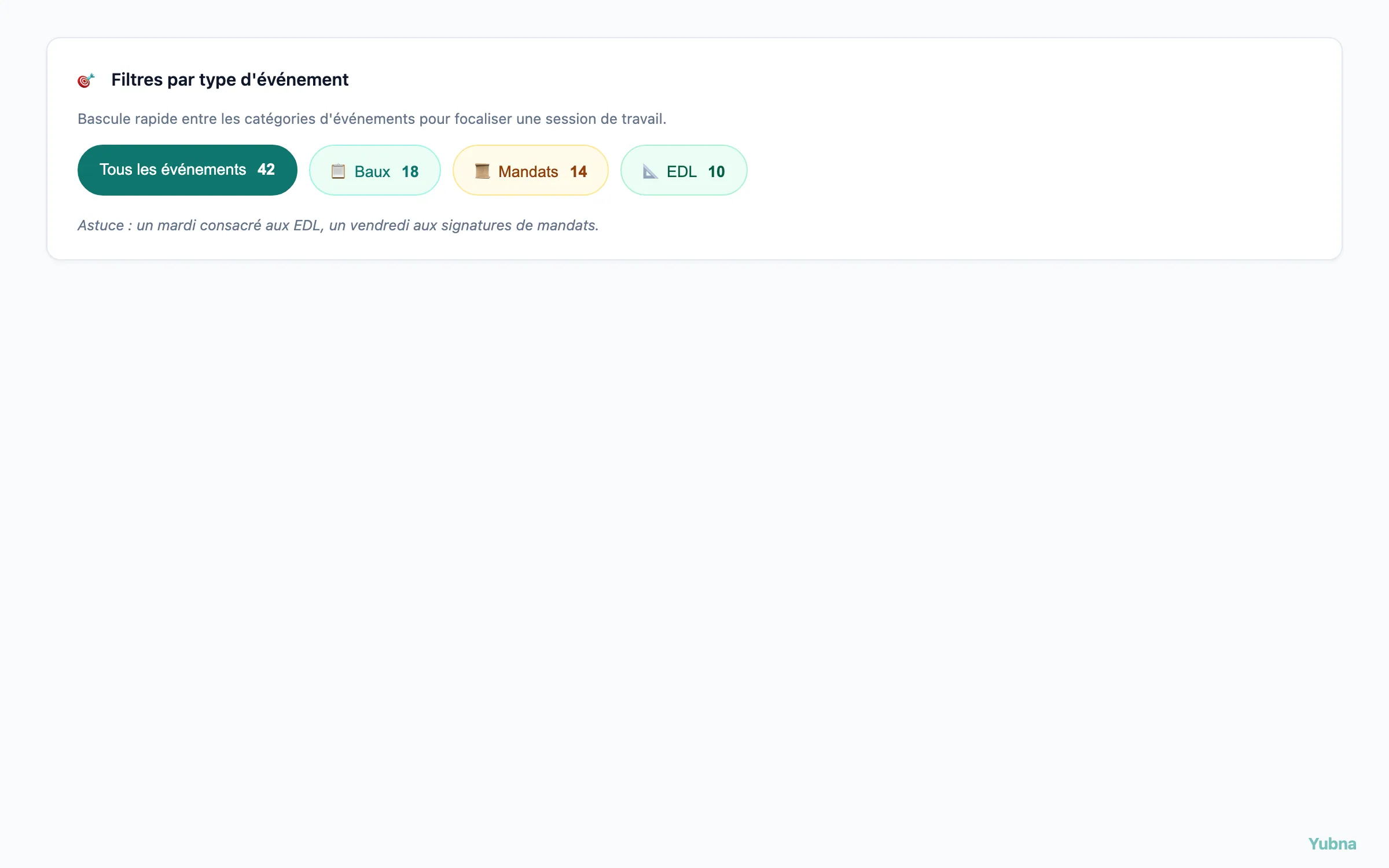 Yubna optimise Filtres par type d'événement : Solution PropTech pour filtres rapides par type — Tous, Baux, Mandats, états des lieux — avec compteur d'événements par catégorie