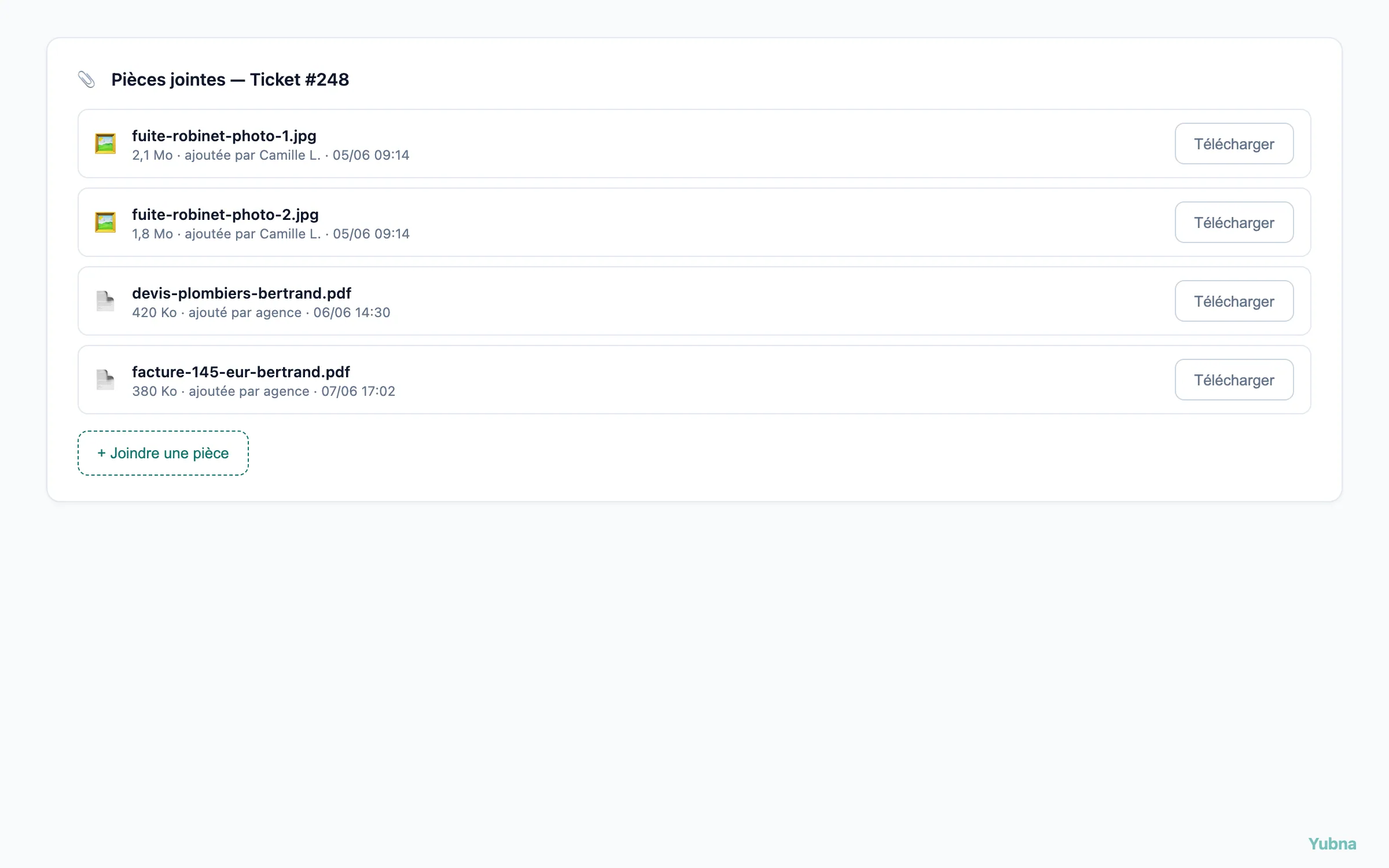 Yubna optimise Joindre devis ou photos à un ticket : Solution PropTech pour upload et listing des pièces jointes — photos, devis prestataires et factures liées au ticket