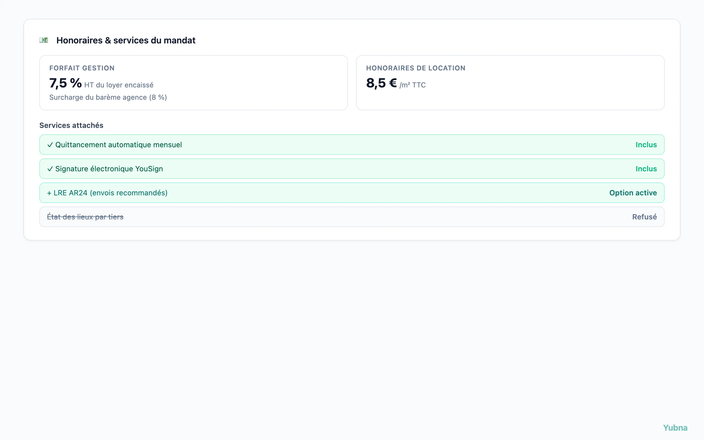 Yubna optimise Paramétrer les honoraires d'un mandat : Solution PropTech pour paramétrage du forfait de gestion, des services inclus, optionnels et refusés pour un mandat spécifique
