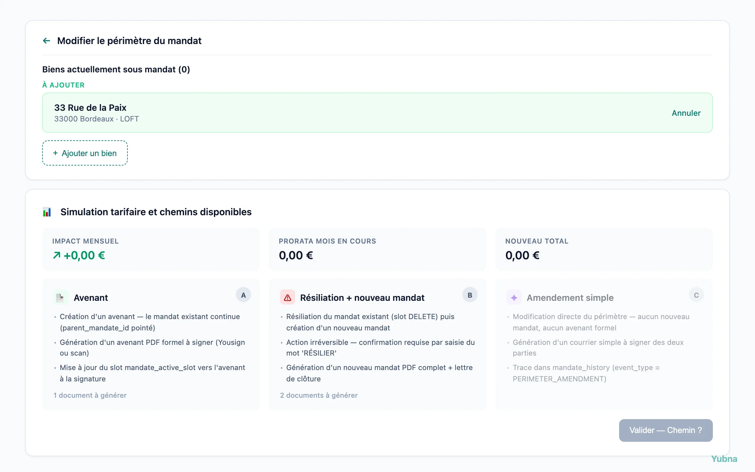 Yubna optimise Modifier le périmètre du mandat : Solution PropTech pour trois chemins de modification de périmètre — avenant, résiliation + nouveau mandat, ou amendement simple — avec simulation tarifaire en temps réel