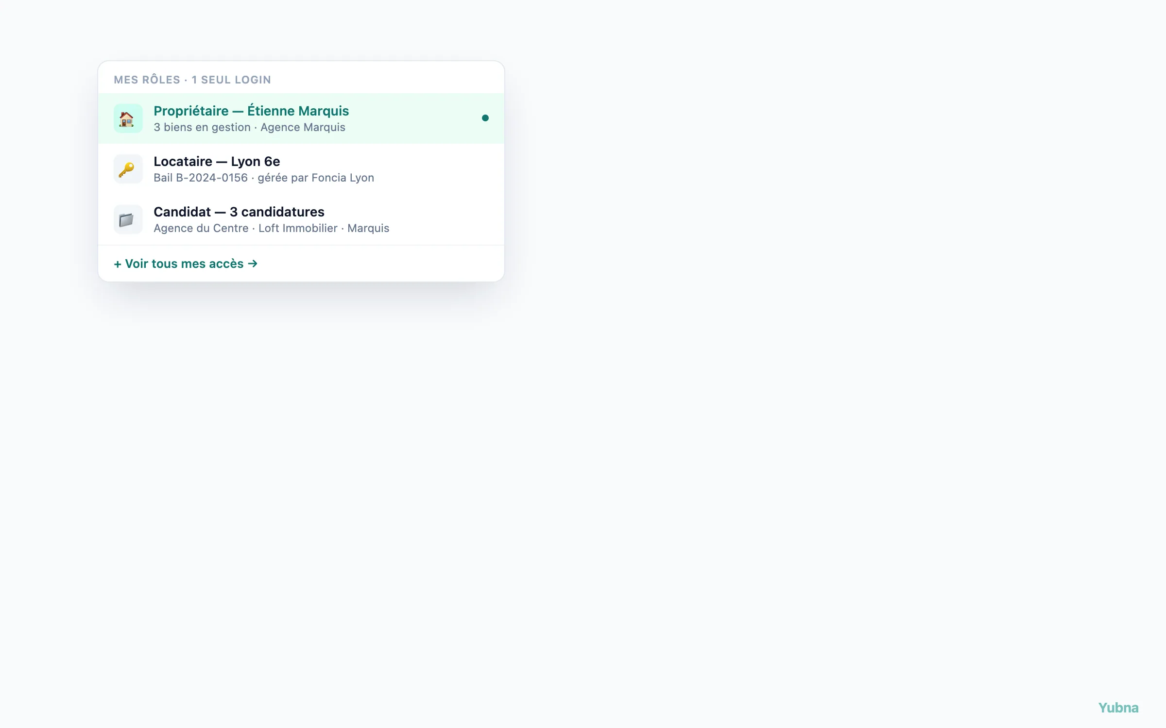 Yubna optimise Switcher multi-rôles particulier : Solution PropTech pour bascule entre rôles particulier — propriétaire délégant, locataire, candidat — depuis un seul login
