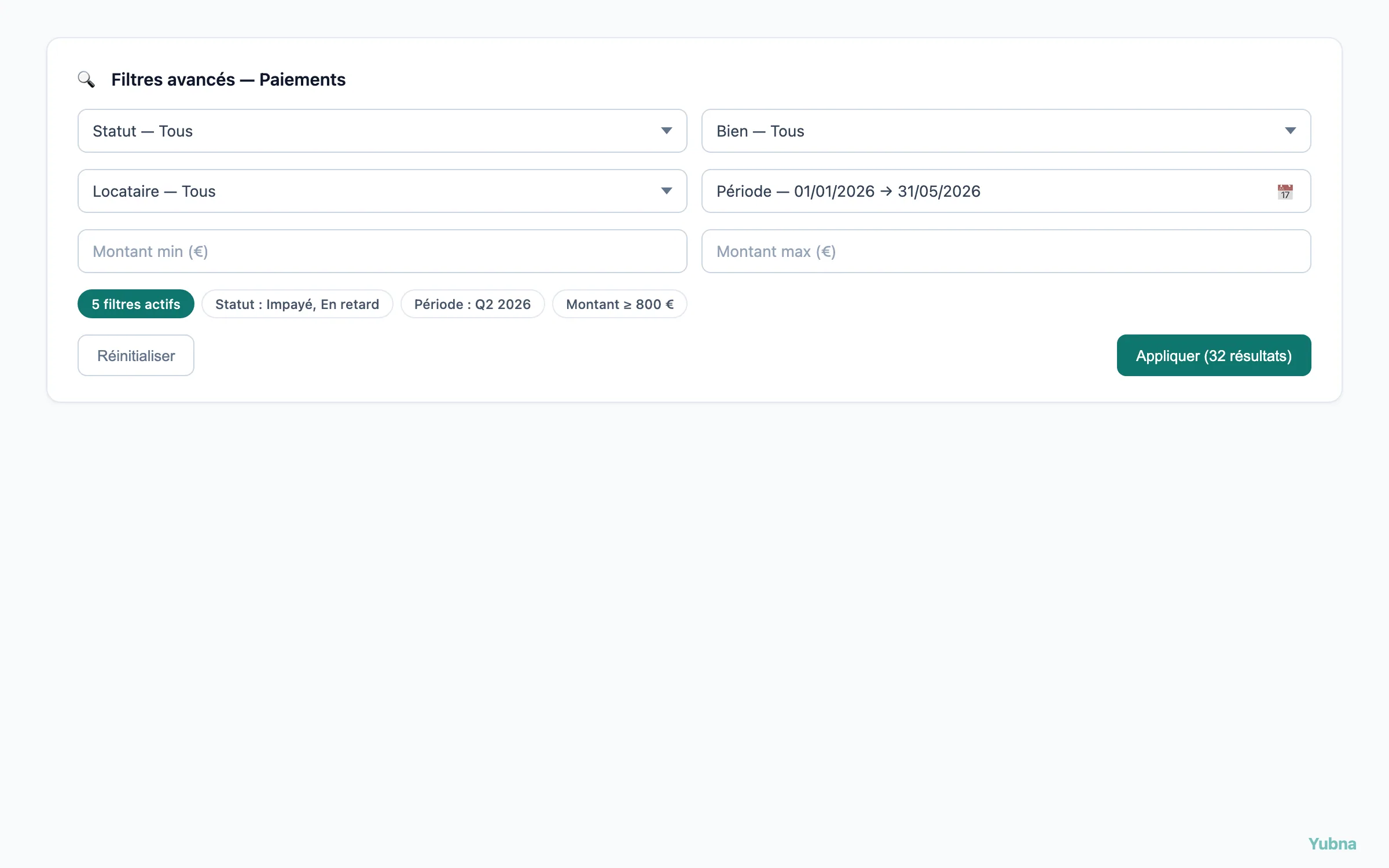 Yubna optimise Filtrer les paiements : Solution PropTech pour filtres combinés sur statut, bien, locataire, période et montant pour drill-down sur les paiements