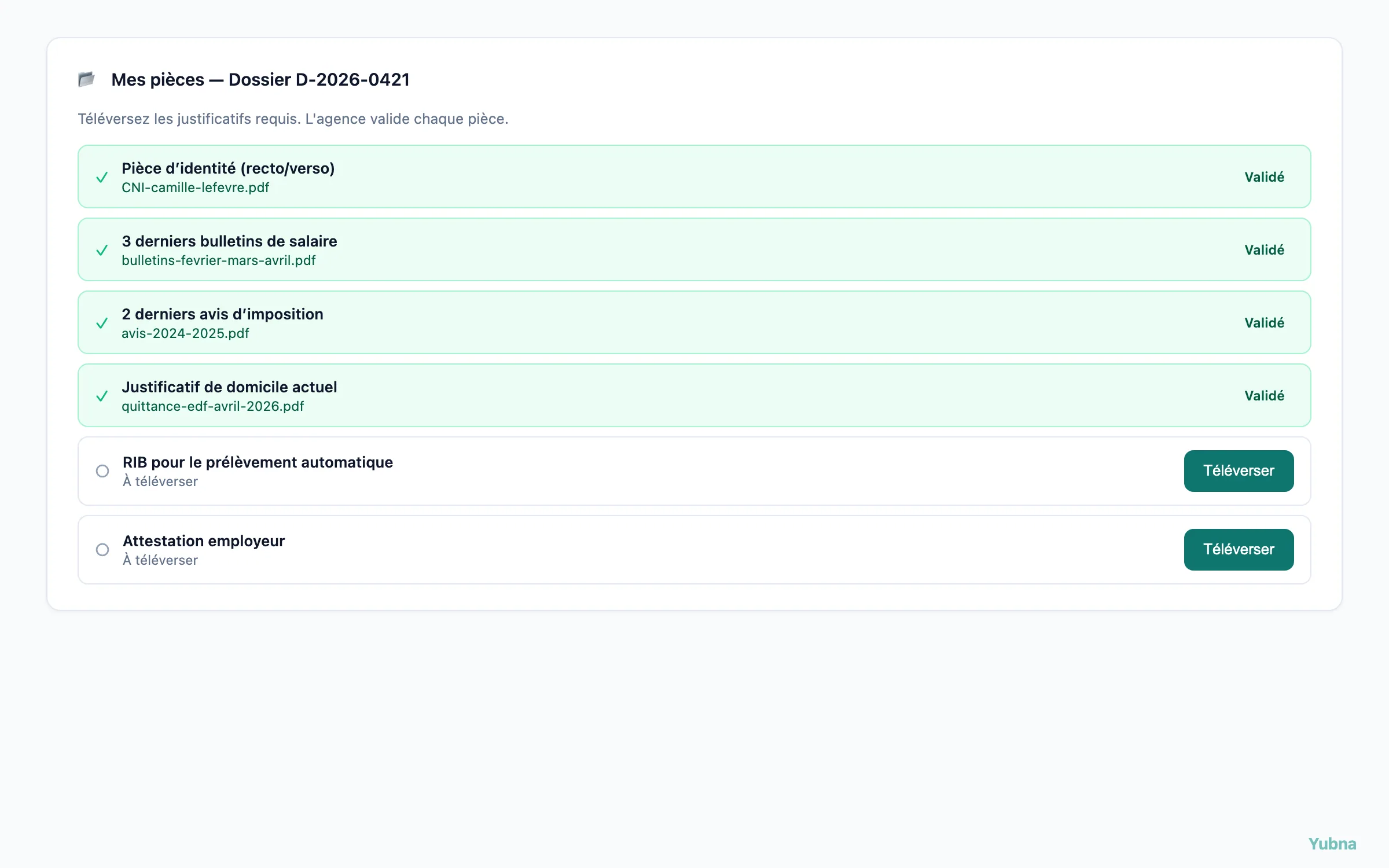 Yubna optimise Upload des pièces de candidature : Solution PropTech pour checklist des documents requis avec upload et état de validation — pièce d'identité, bulletins, avis