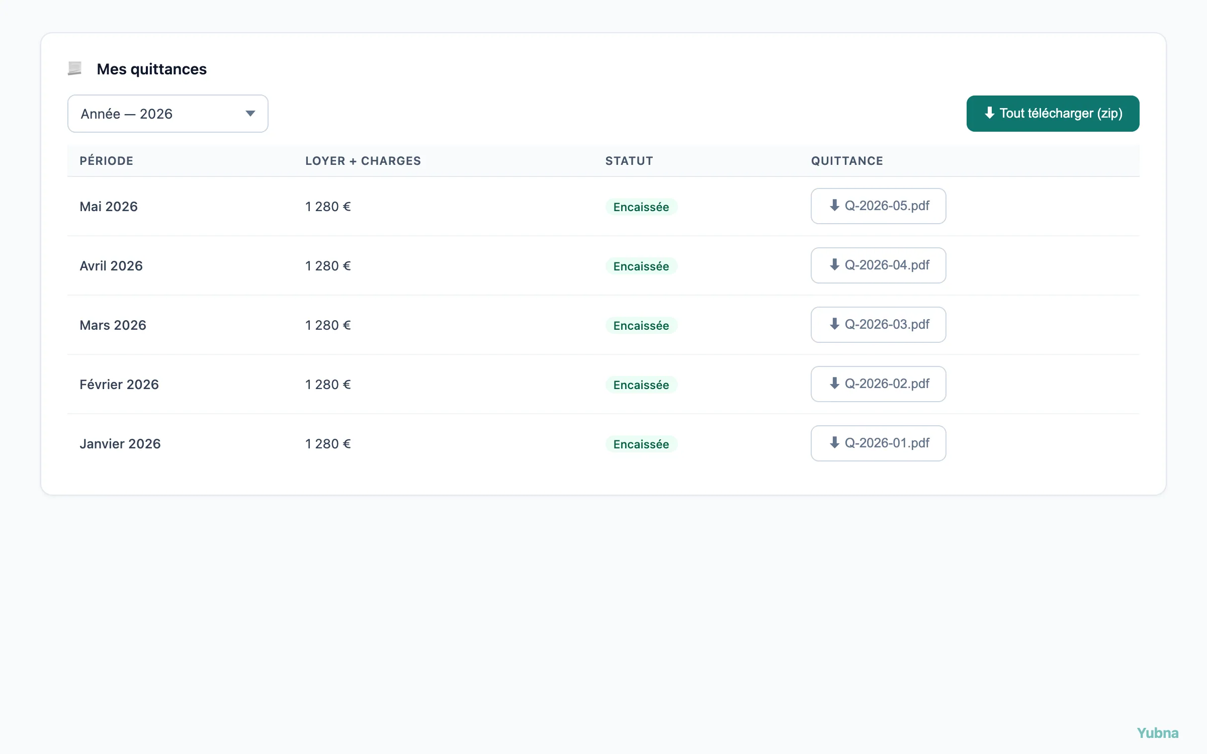 Yubna optimise Mes quittances : Solution PropTech pour tableau filtrable des quittances avec téléchargement individuel ou groupé par période