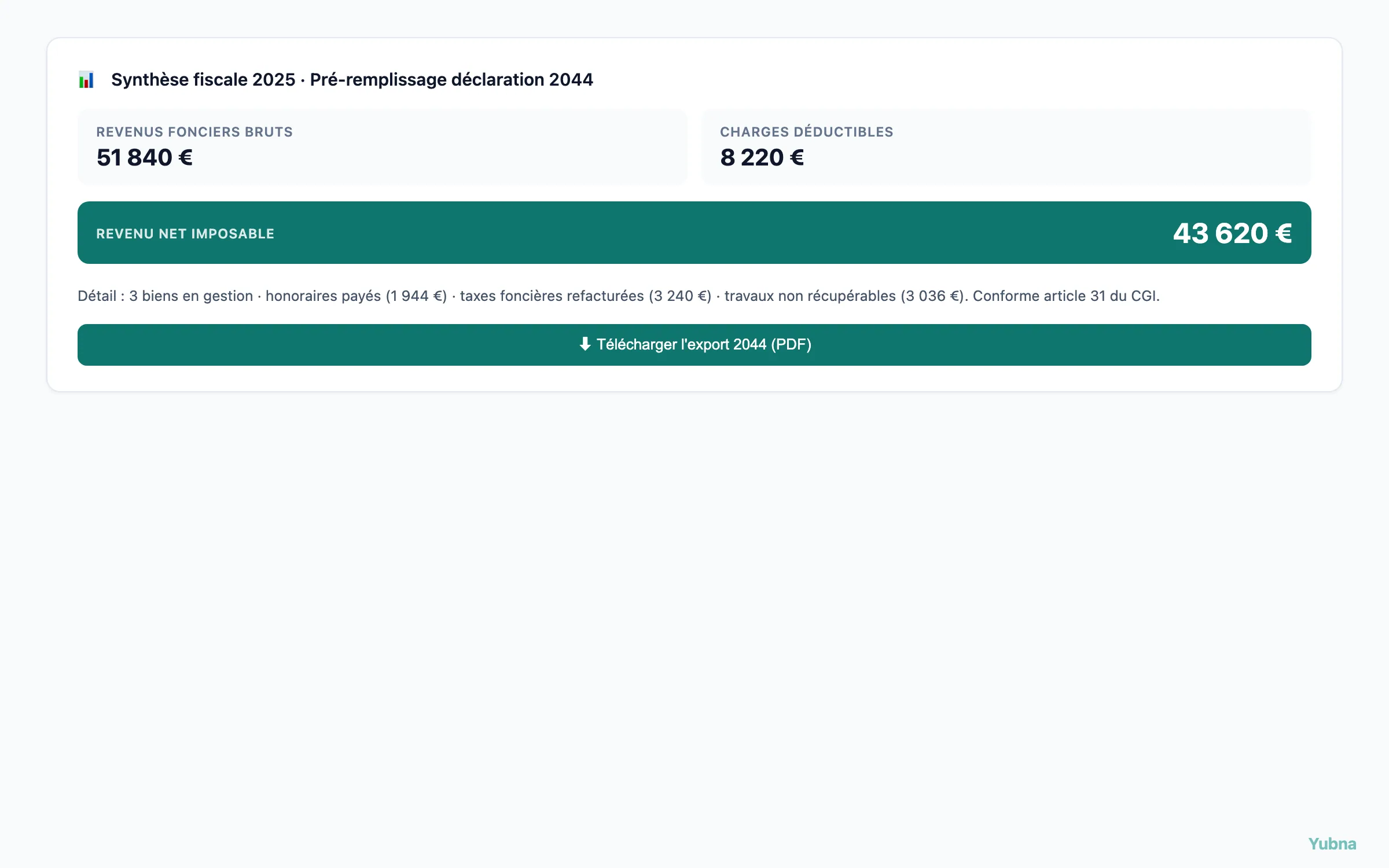 Yubna optimise Export fiscal annuel : Solution PropTech pour synthèse fiscale annuelle — revenus déclarés, charges déductibles, net imposable, export 2044