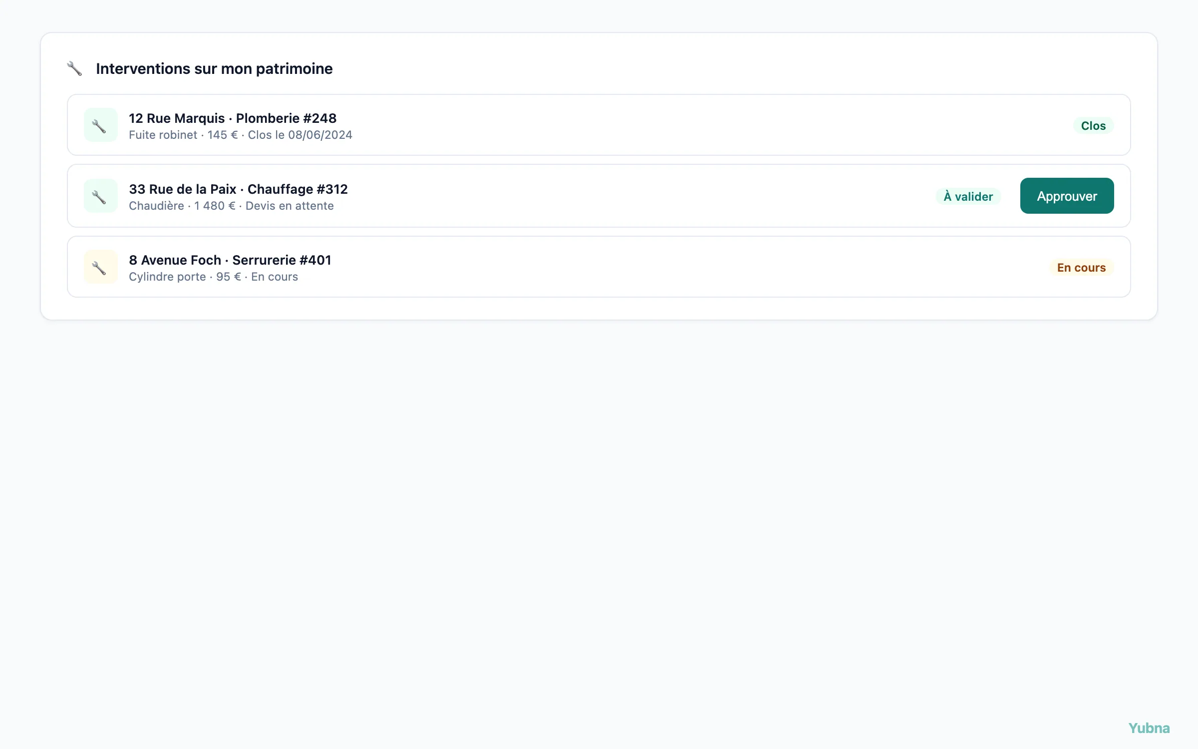 Yubna optimise Suivi des interventions : Solution PropTech pour listing des travaux engagés sur le patrimoine — devis, factures et statut d'avancement
