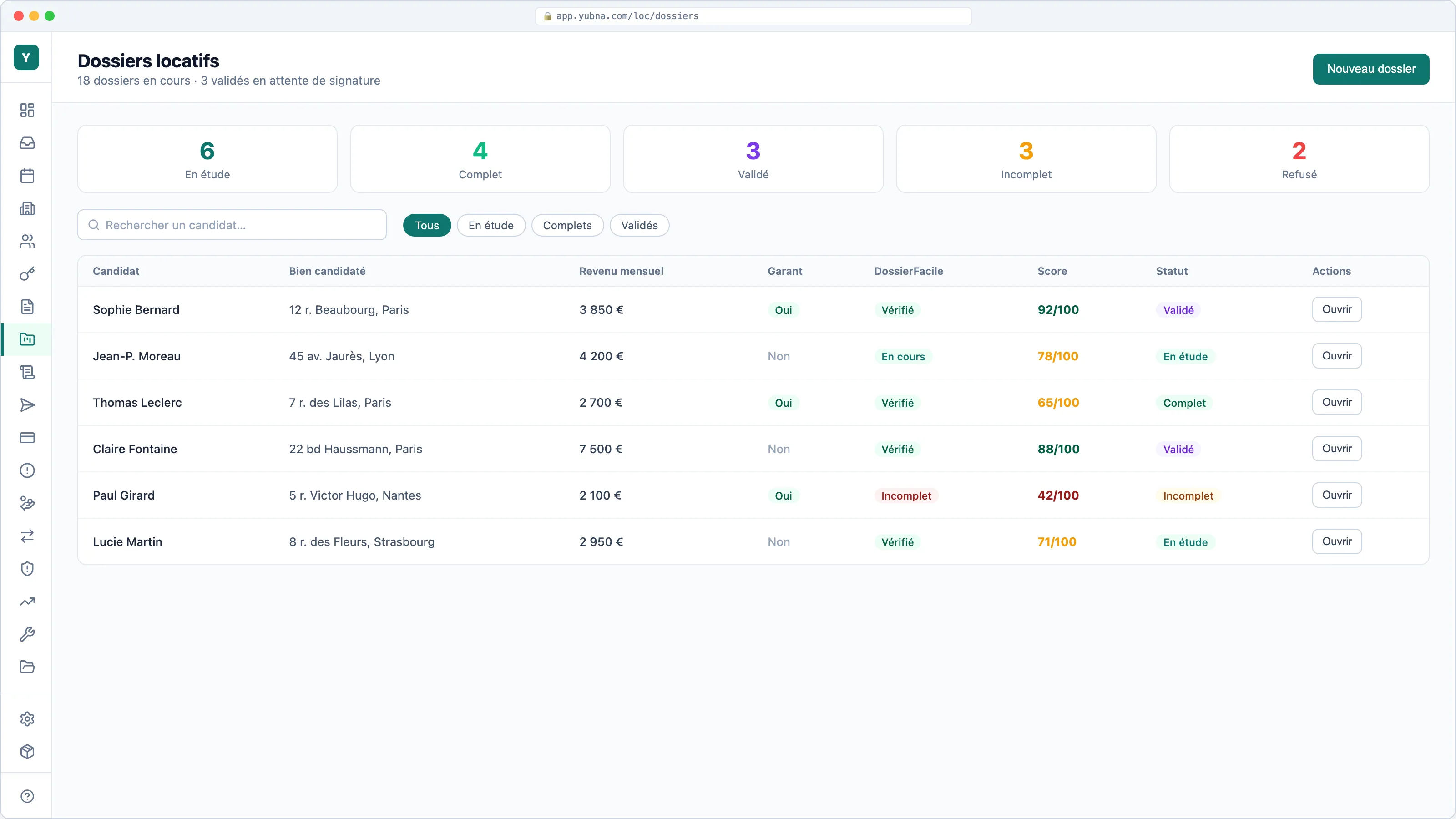 Yubna optimise Dossiers locatifs : Solution PropTech pour candidatures, scoring DossierFacile et statuts