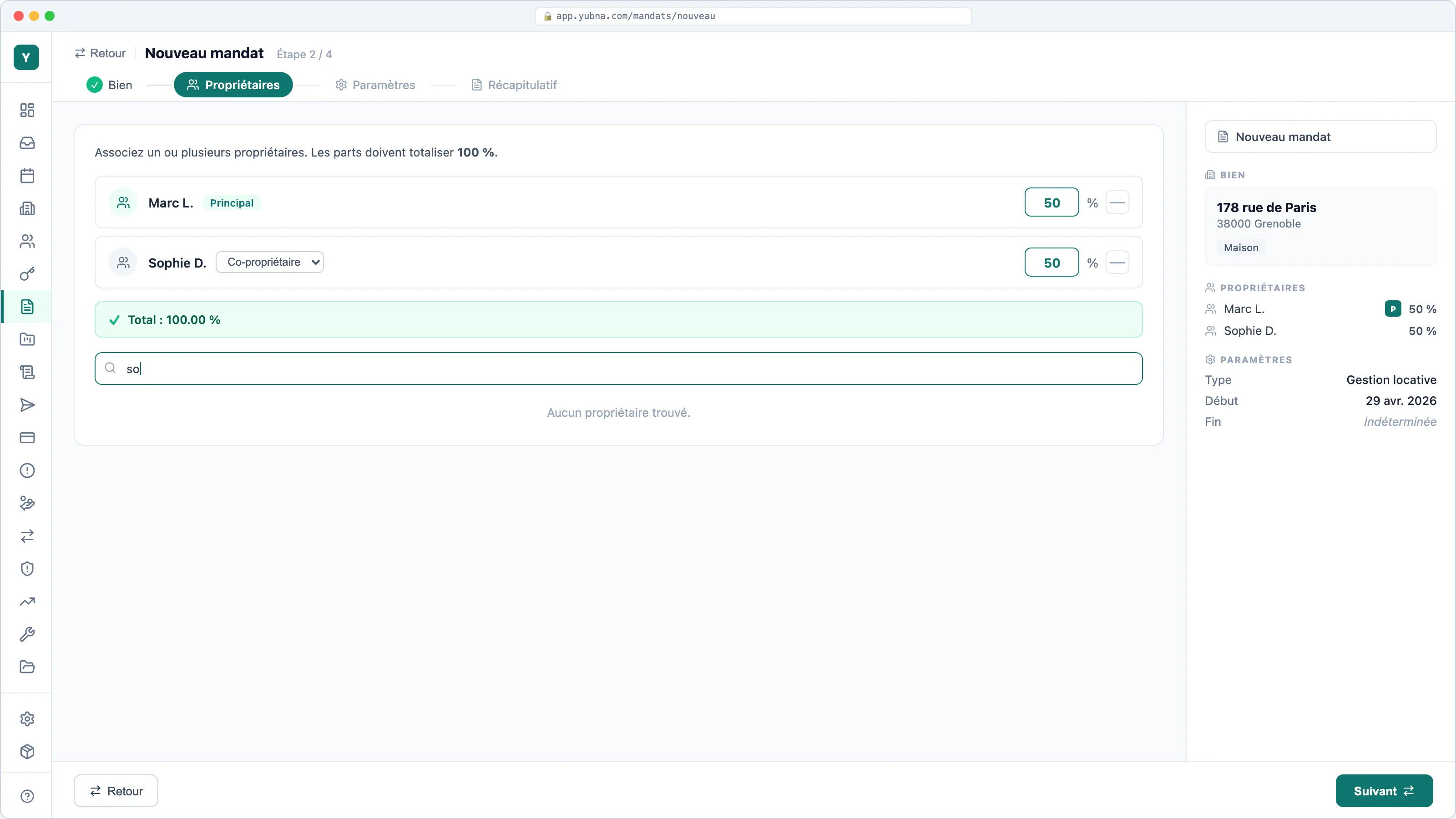 Yubna optimise Création de mandat : Solution PropTech pour wizard guidé en 4 étapes pour créer un nouveau mandat