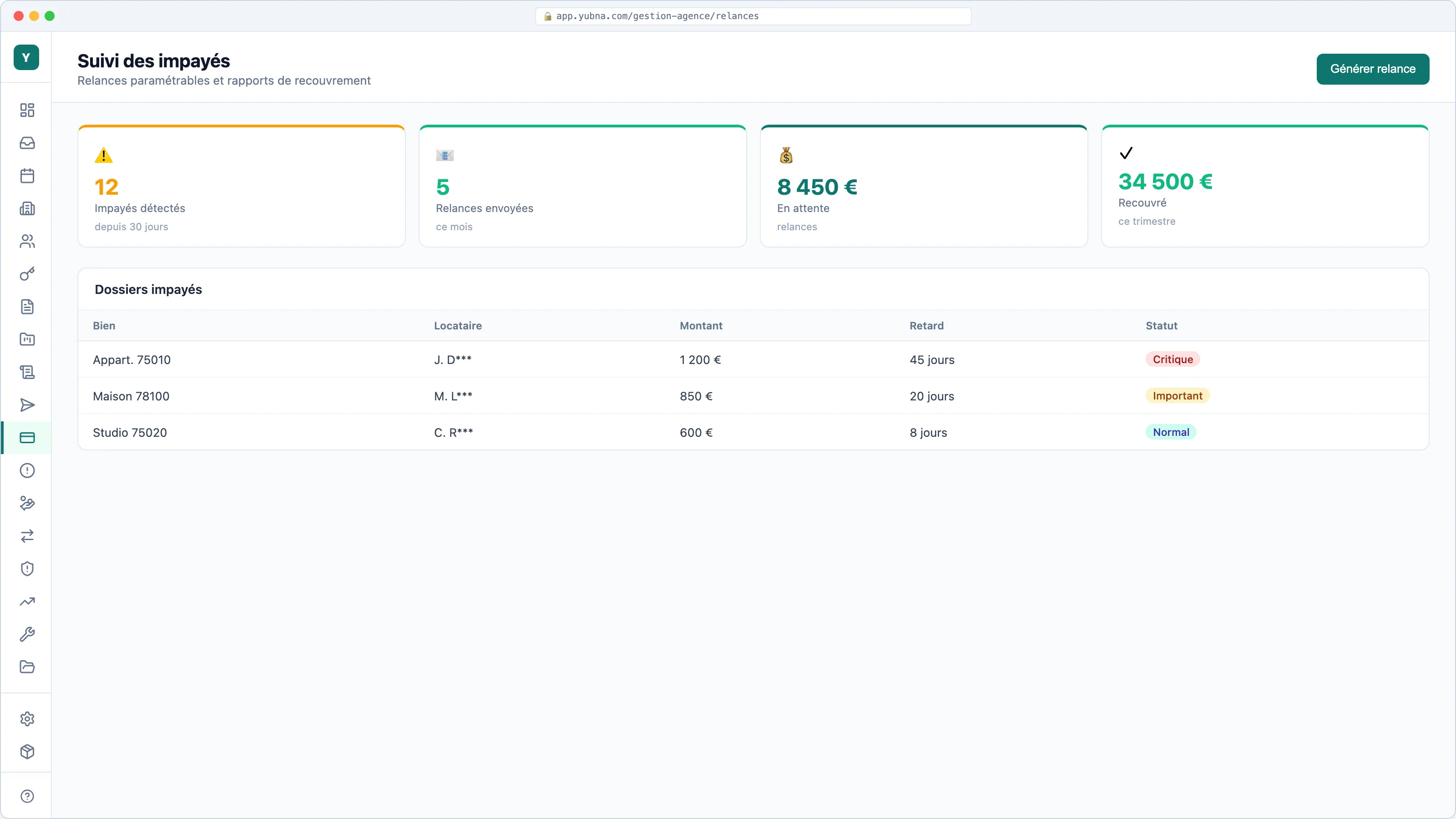 Yubna optimise Relances & recouvrement : Solution PropTech pour suivi des impayés, relances paramétrables et rapports