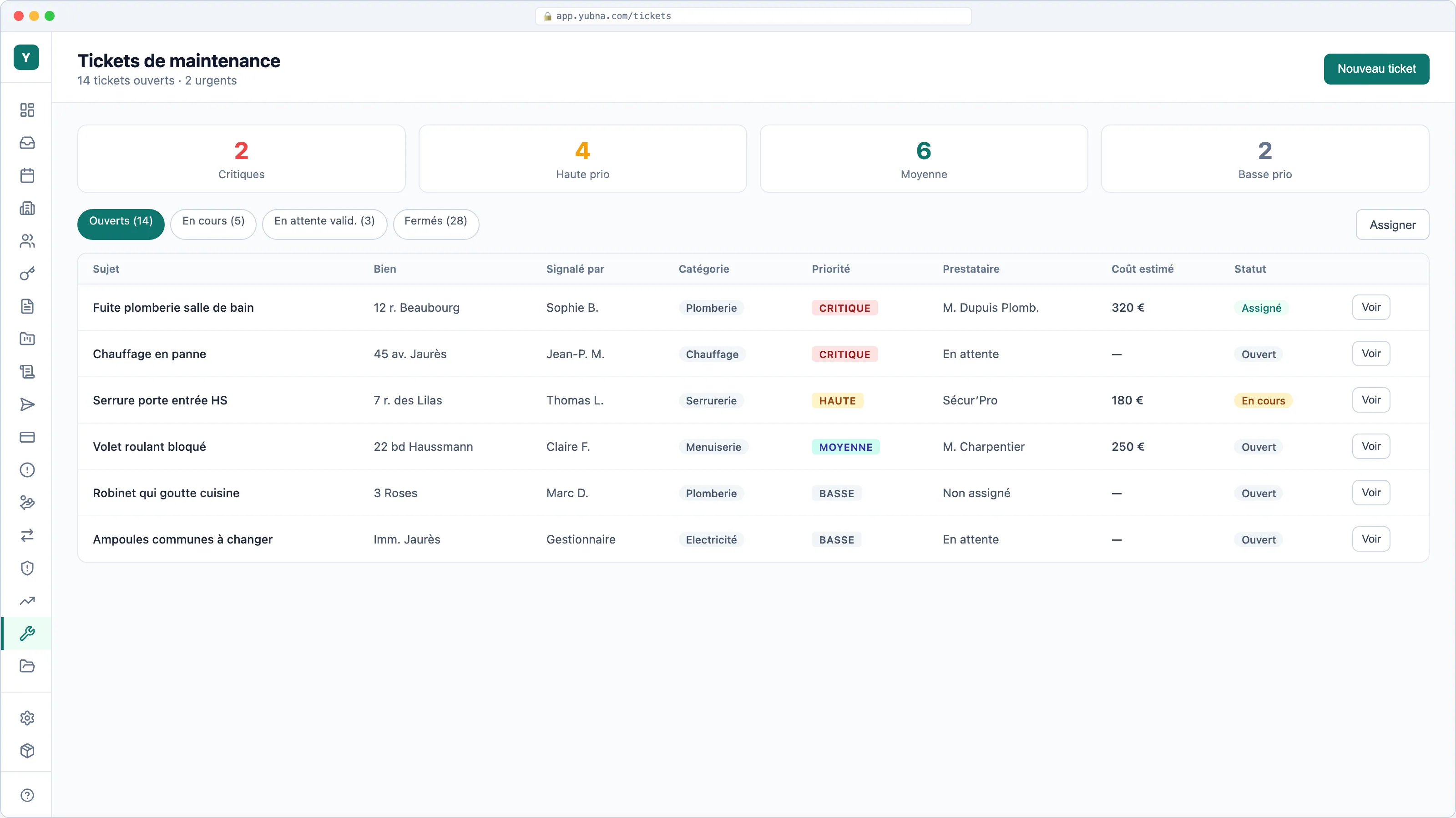 Yubna optimise Tickets maintenance : Solution PropTech pour incidents, prestataires et priorités
