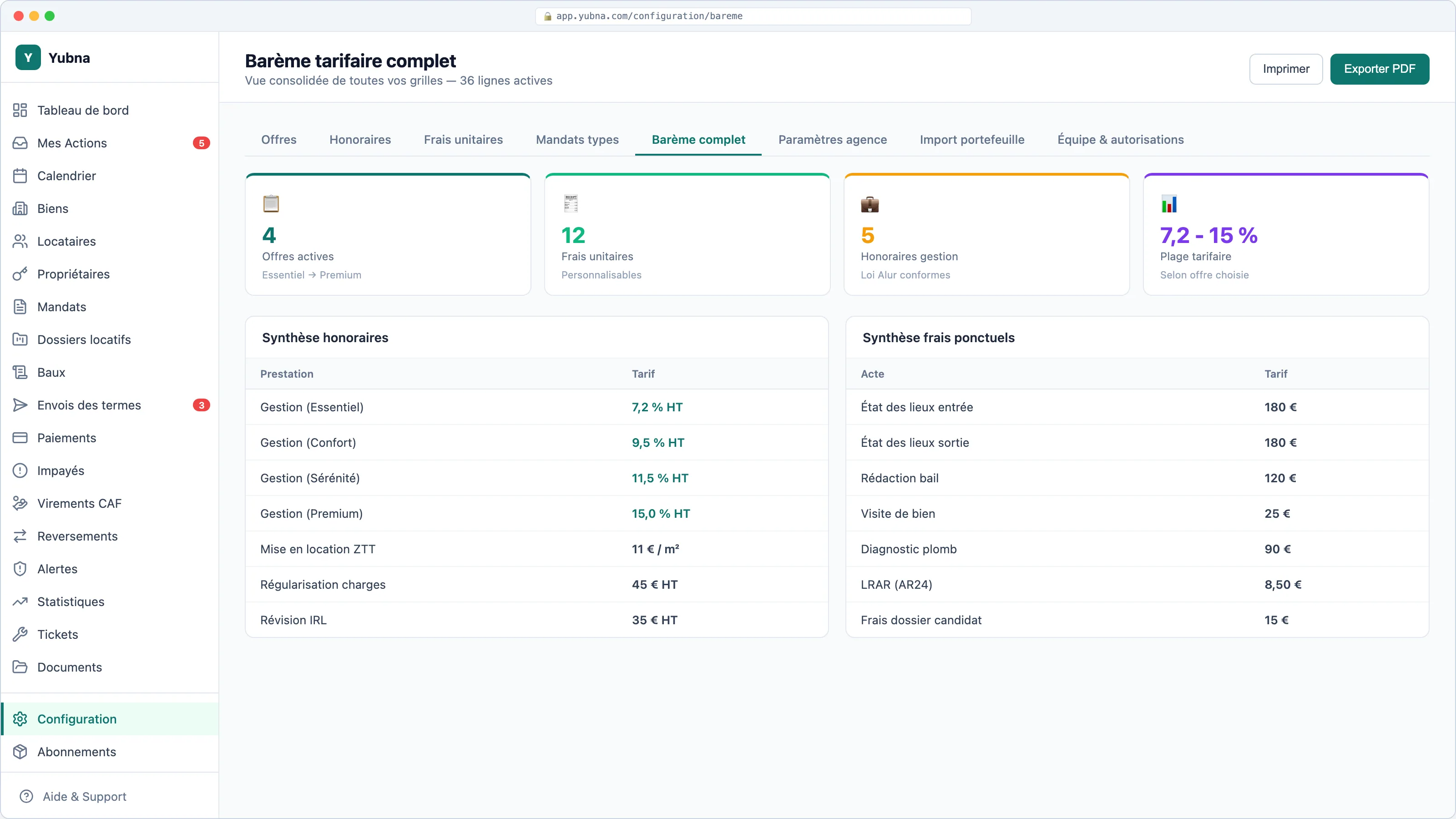 Yubna optimise Barème tarifaire complet : Solution PropTech pour vue consolidée de toutes vos grilles tarifaires