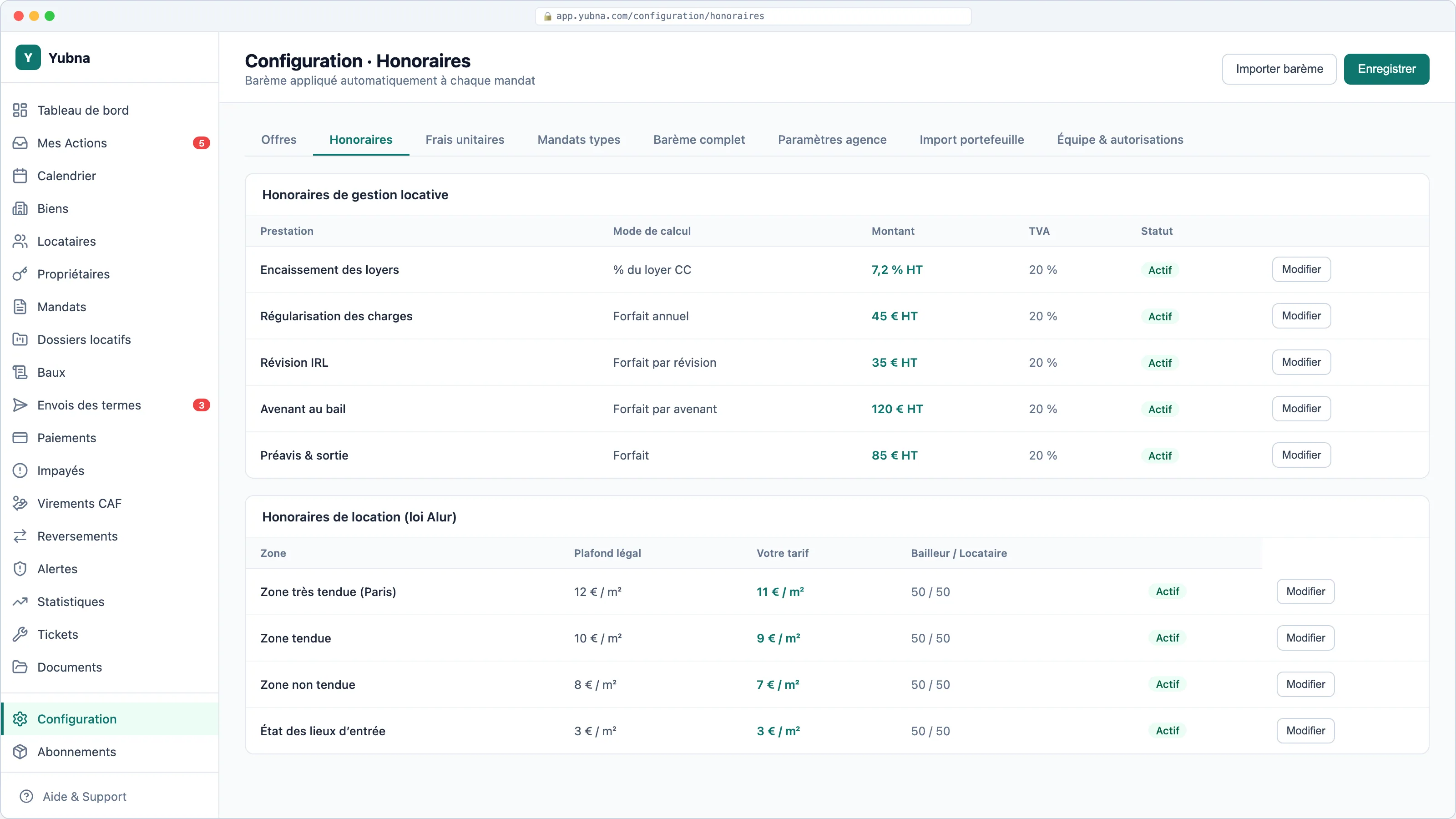 Yubna optimise Barème des honoraires : Solution PropTech pour honoraires de gestion, location et avenants paramétrables