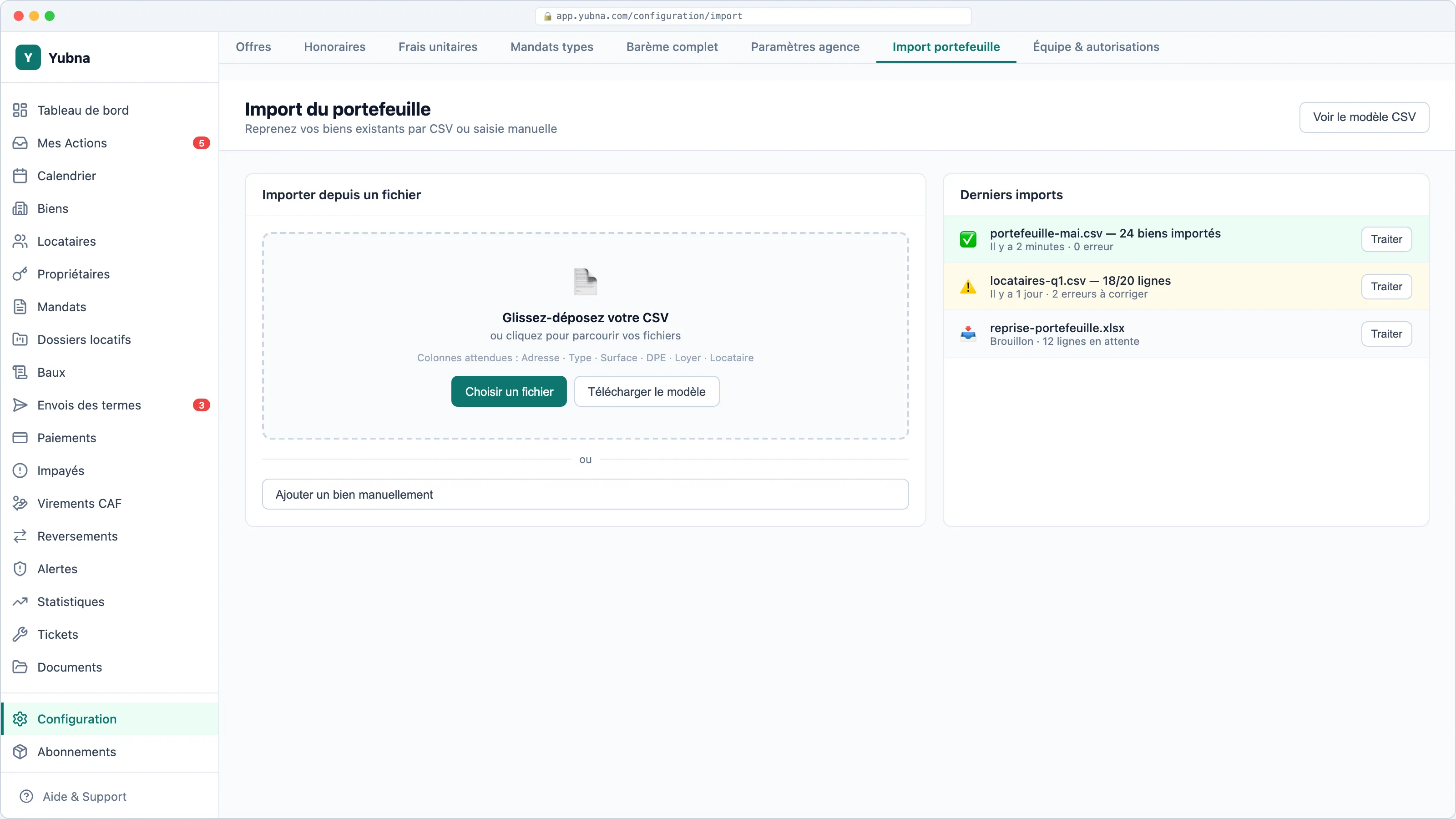 Yubna optimise Import du portefeuille : Solution PropTech pour reprise des biens existants par CSV ou saisie manuelle guidée