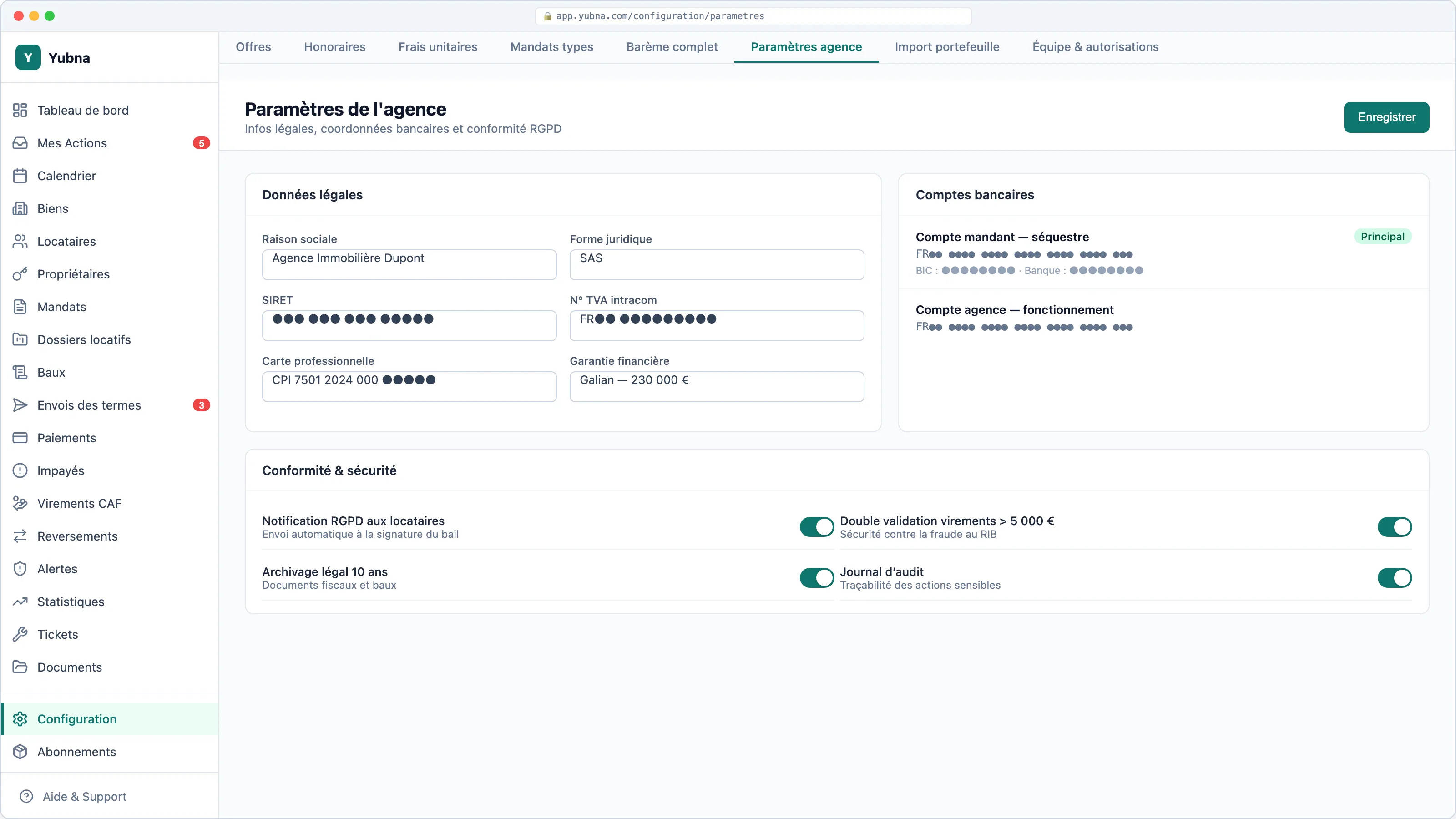 Yubna optimise Paramètres agence : Solution PropTech pour infos légales, IBAN, coordonnées et conformité RGPD