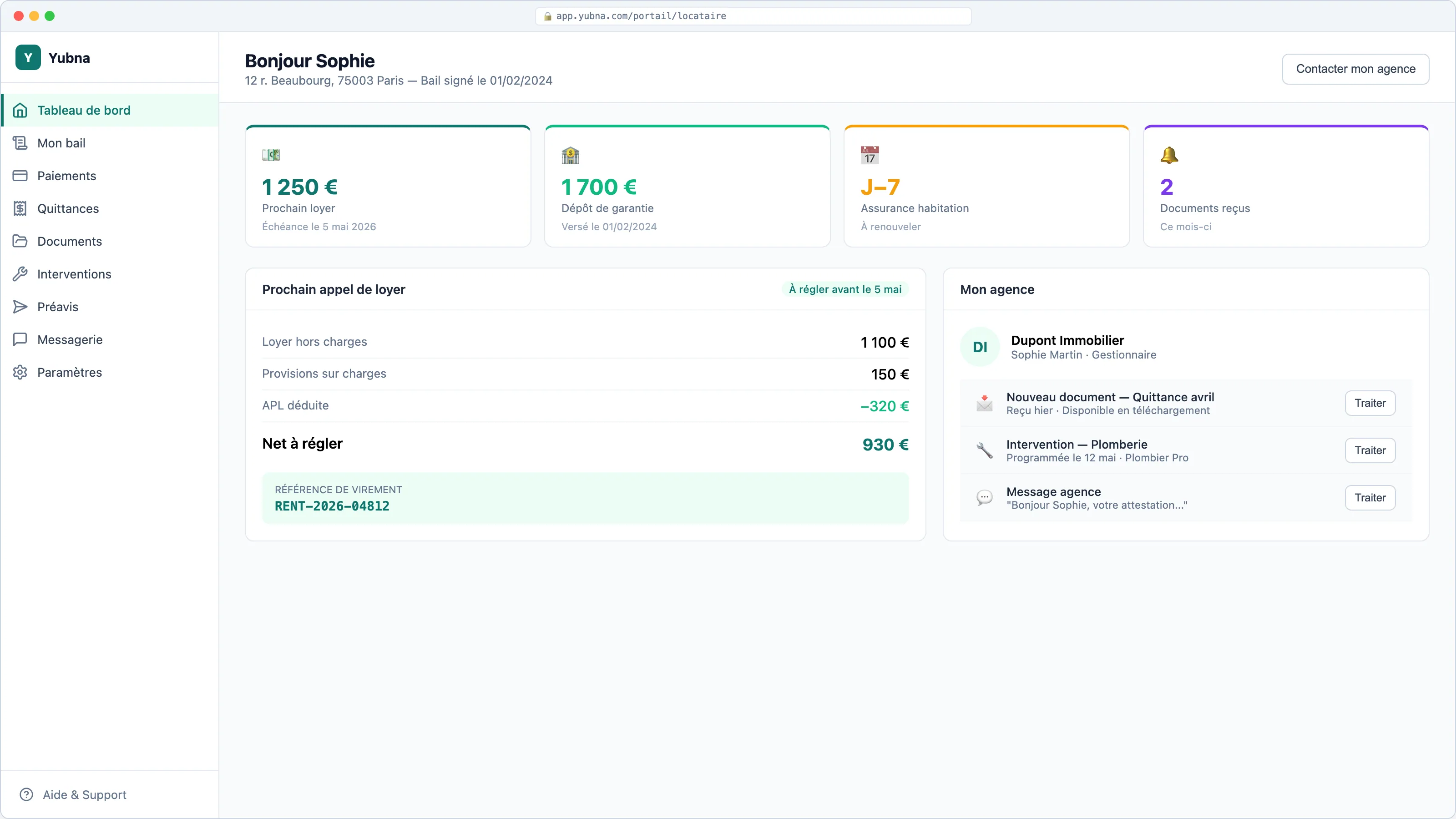 Yubna optimise Tableau de bord locataire : Solution PropTech pour vue synthétique : prochain loyer, alertes et raccourcis