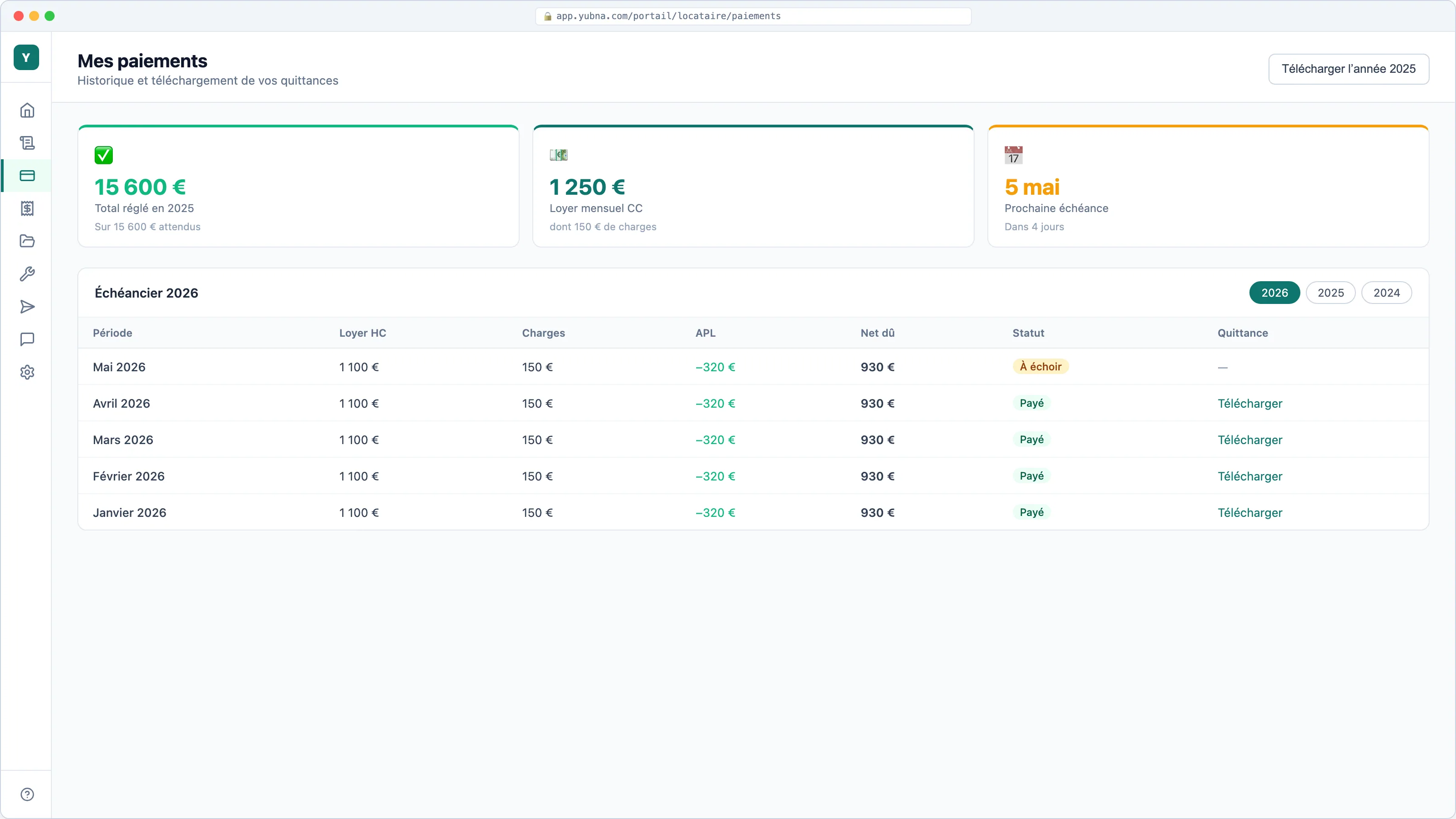 Yubna optimise Mes paiements & quittances : Solution PropTech pour échéancier, historique et téléchargement des quittances