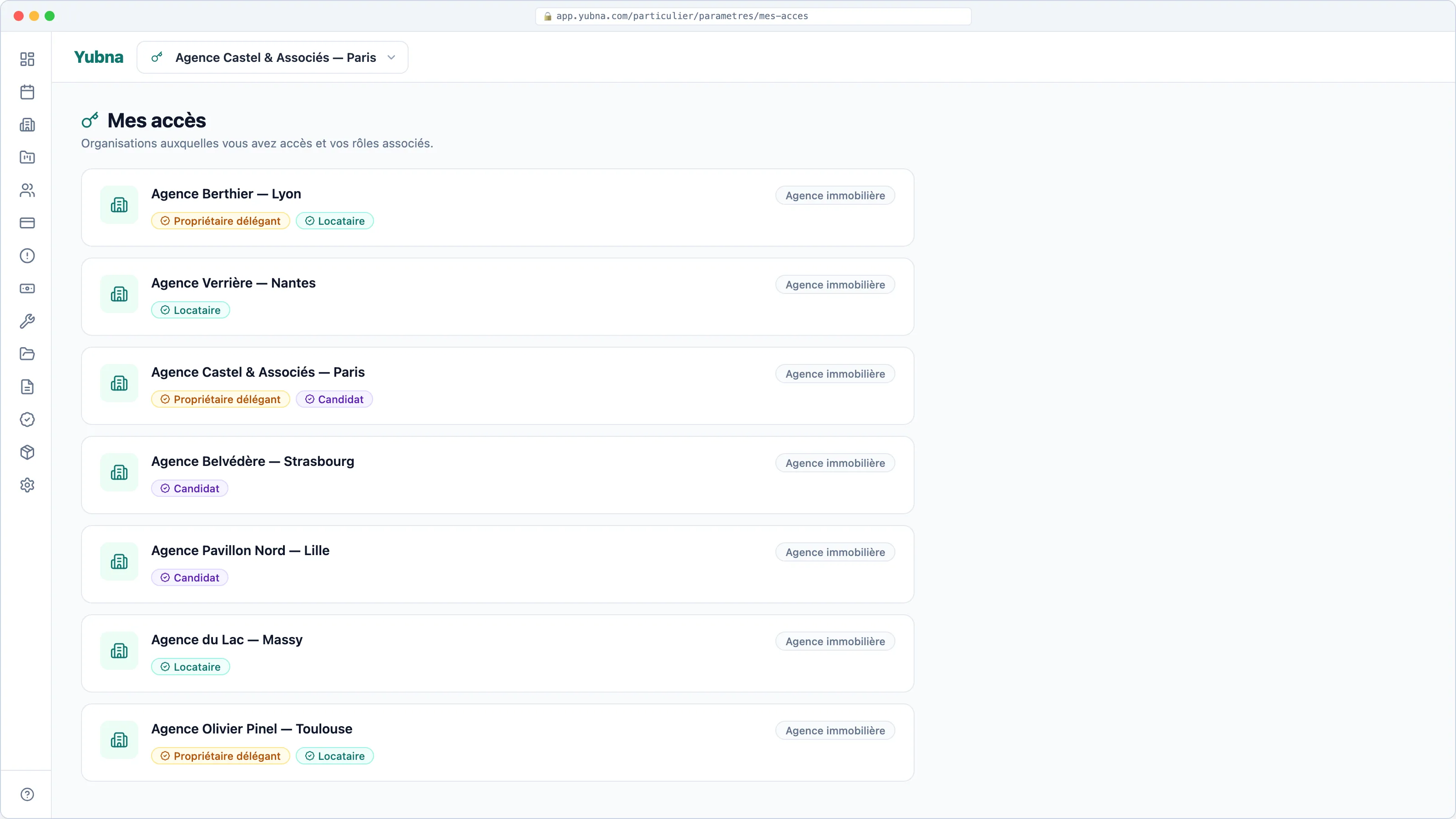 Yubna optimise Mes accès — vue particulier polyvalent : Solution PropTech pour cartographie complète de vos rôles : propriétaire délégant, locataire et candidat sur 7 agences avec un seul login Yubna