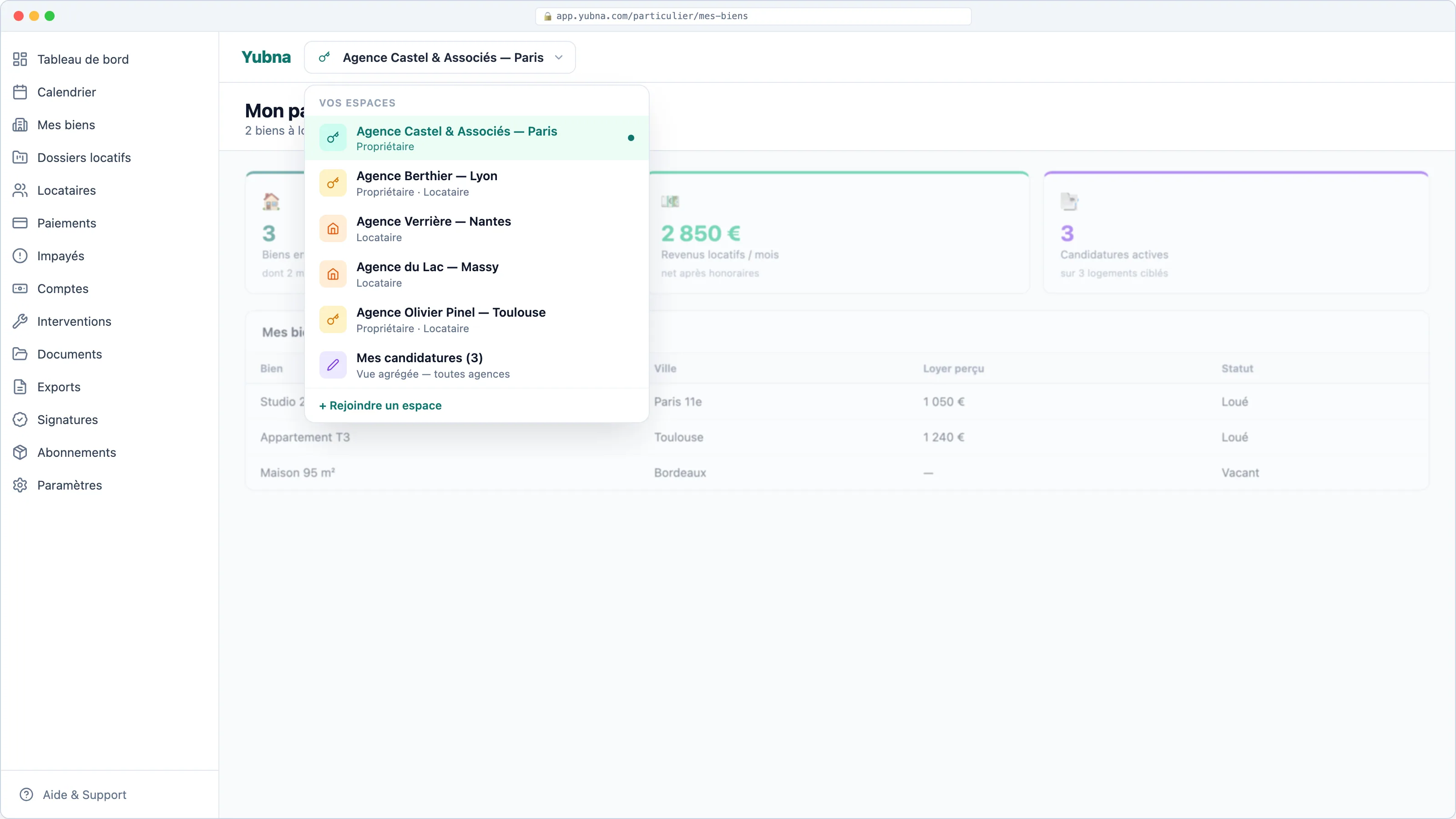 Yubna optimise Switcher multi-rôles — particulier : Solution PropTech pour propriétaire délégant, locataire et candidat sous une seule identité — basculez d'une agence à l'autre en un clic, vue agrégée de toutes vos candidatures