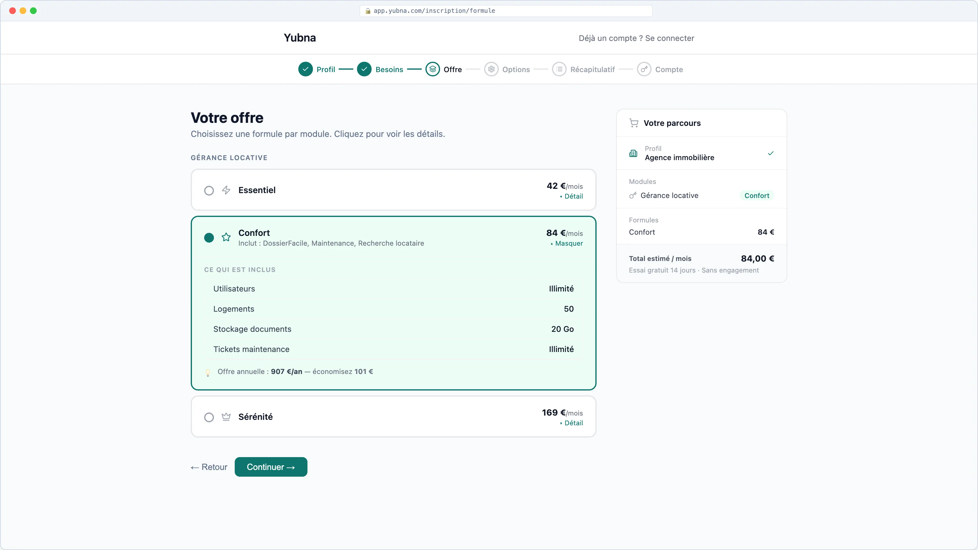 Yubna optimise Offre & formule : Solution PropTech pour sélection des modules et de leur niveau — Essentiel, Confort, Sérénité