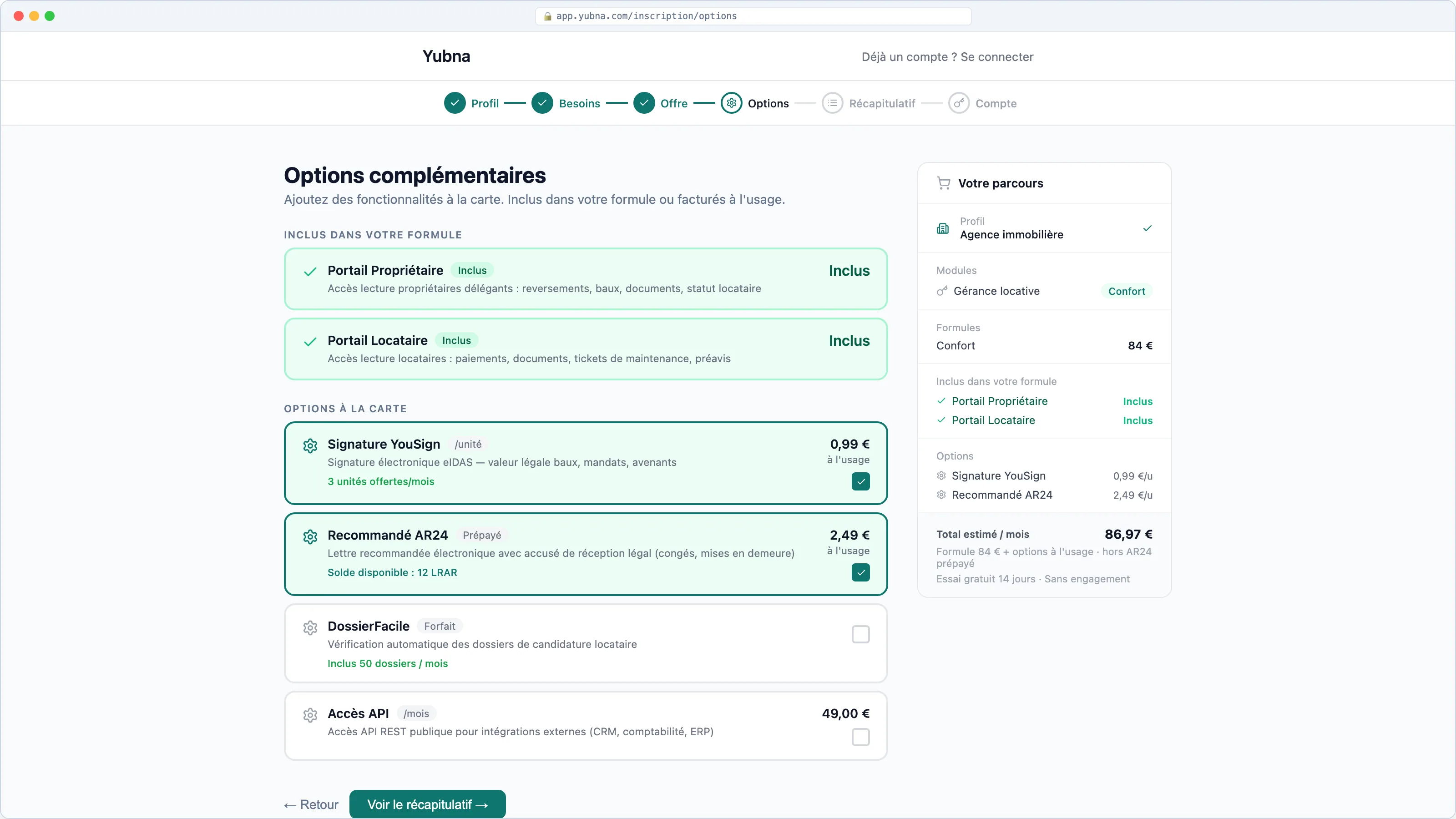 Yubna optimise Options à la carte : Solution PropTech pour activation des options — Signature électronique YouSign et envois AR24