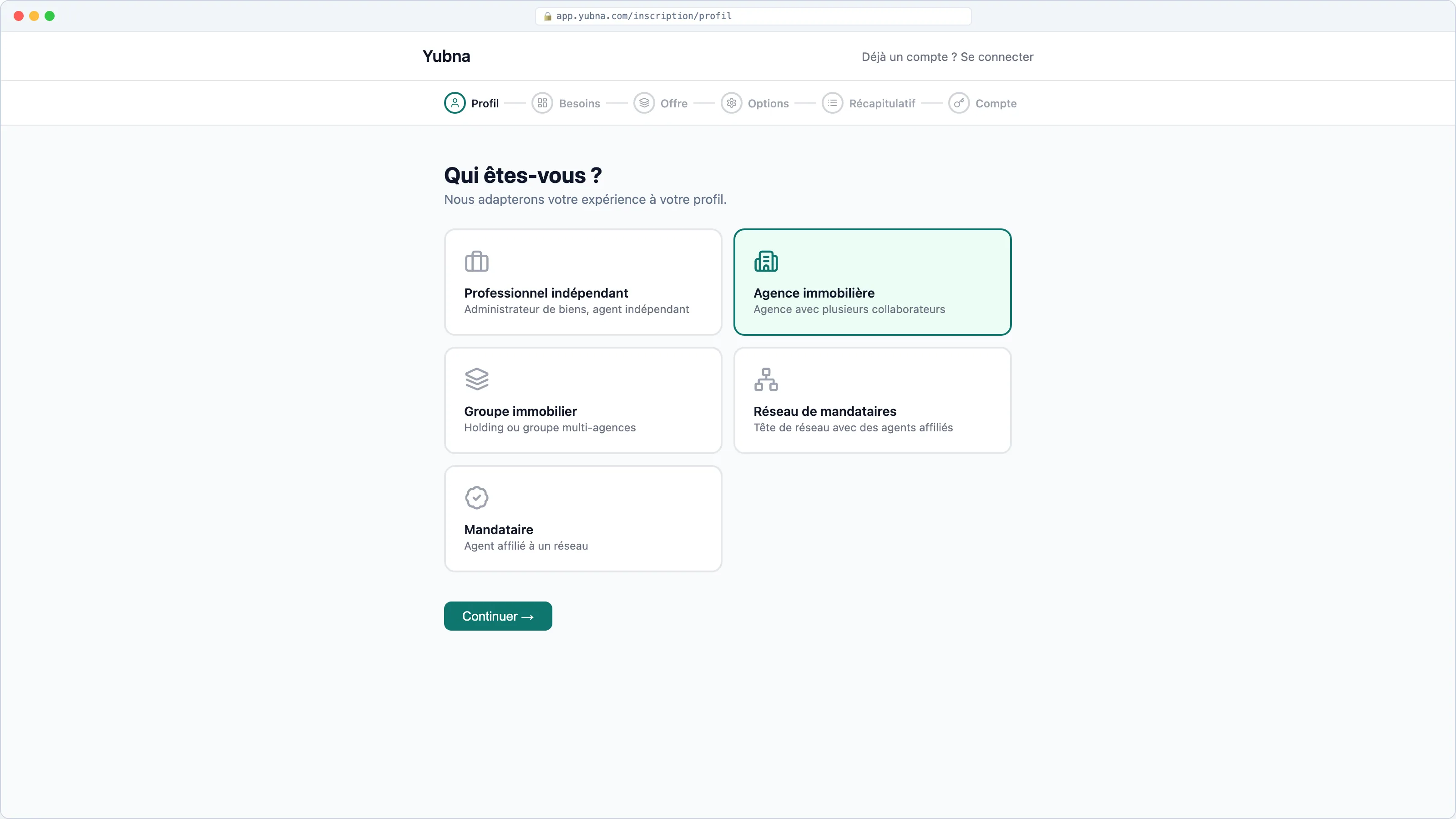 Yubna optimise Profil métier : Solution PropTech pour choix du profil — indépendant, agence, groupe, réseau ou mandataire