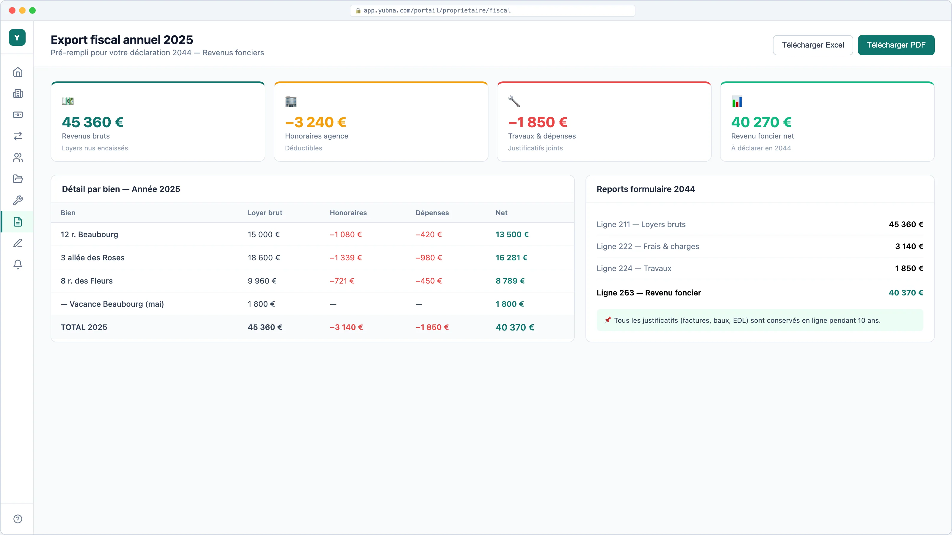 Yubna optimise Export fiscal annuel : Solution PropTech pour pré-remplissage de la déclaration 2044 en un clic